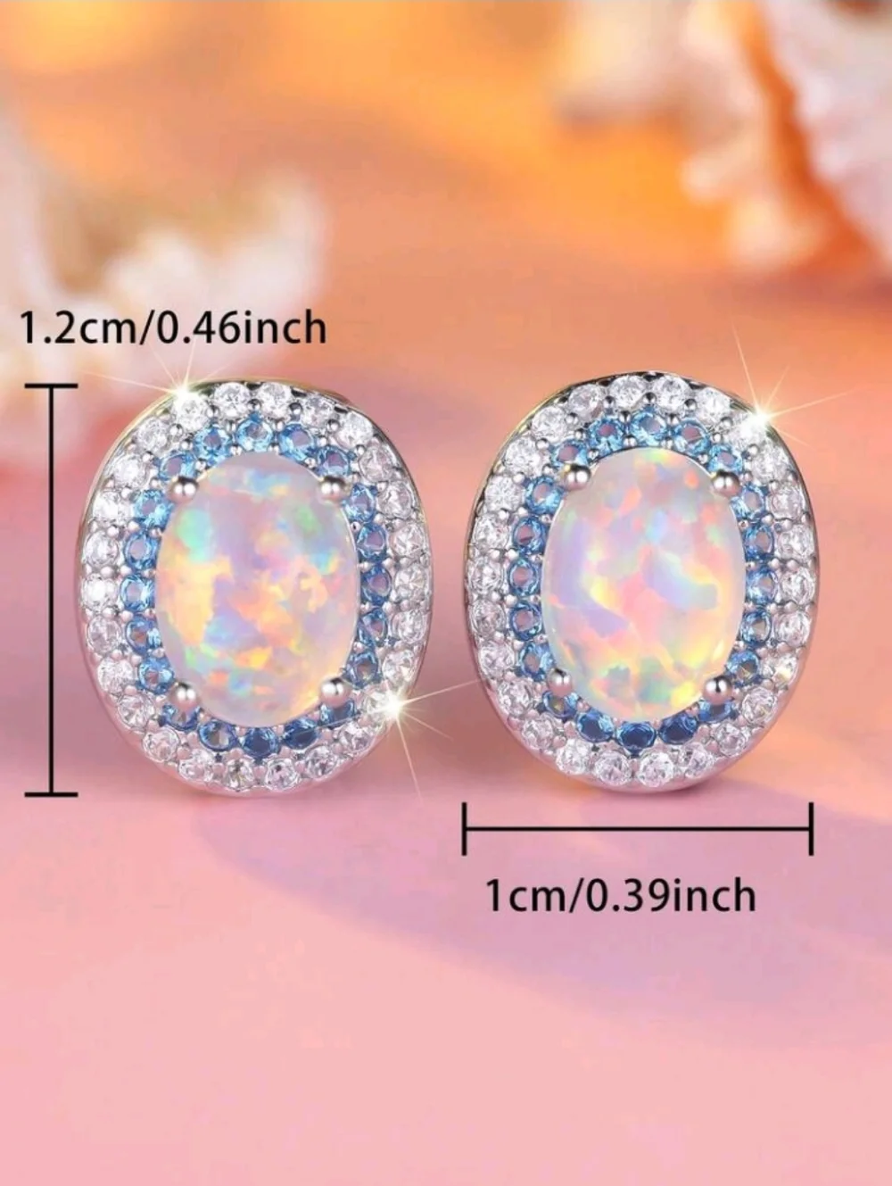 Dainty Opal Halo Iridescent Stud Earrings Iridescent Opal & Blue Clear Accents